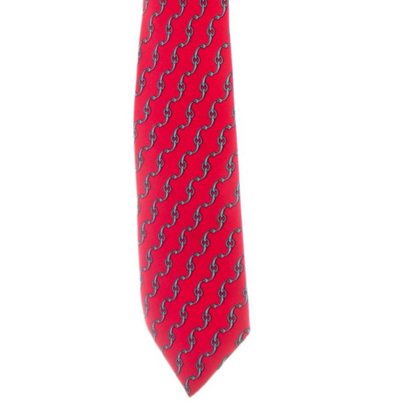 Hermes Red Tie Chain Link Abstract Design Silk - Picture 1 of 2